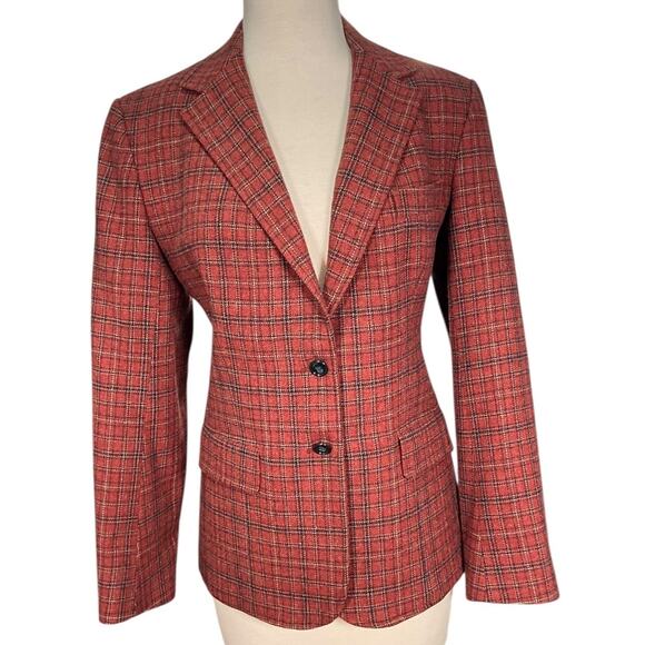 Vintage Evan Picone Red Plaid Tweed Blazer Jacket Shoulder Pad 2 Buttons No Size - Picture 1 of 11
